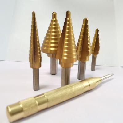 6PCS HSS Titanium Coated Step Drill Bit with Center Punch Drill Set Hole Cutter Drilling Tool Kit Set