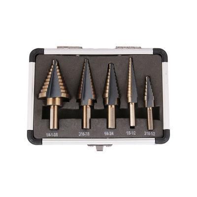 5PCS HSS Drills Set Inch Tri Flat Shank Straight Flute Black&Amber HSS Step Drill Bit for Multiple Hole in Aluminum Case (SED-SF-BA)