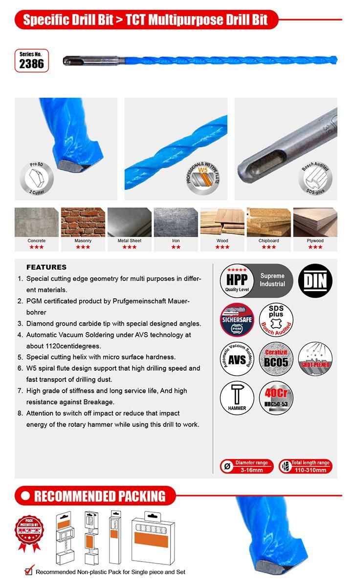 Pgm German Quality Tct Multipurpose Universal Hammer Drill Compatible SDS Plus Shank for Metal Wood Masonry Stone Tile Granite Marble Plywood Chipboard Drilling