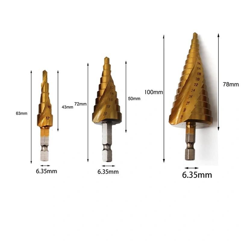 3 PCS Step Drill Bit Set 1/4 Inch HSS 4241 Hex Shank Metric Spiral Grooved 4-12mm 4-20mm 4-32mm Tin Coating