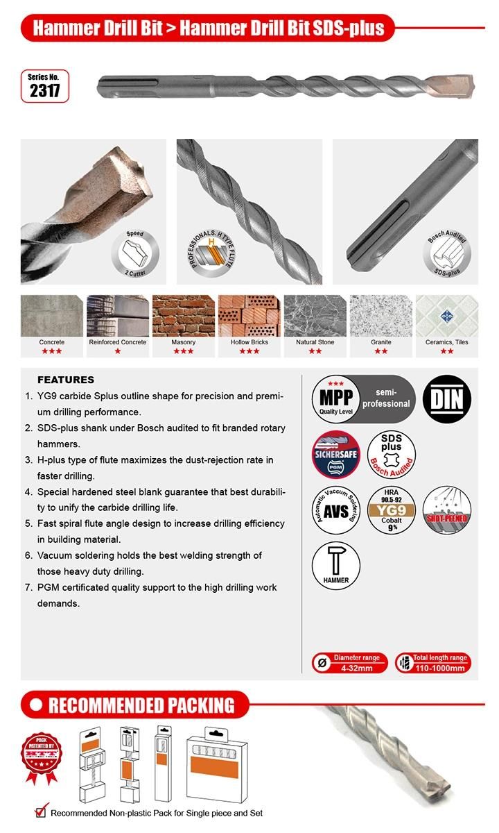 Pgm German Quality Splus 2cutter Hammer Drill SDS Plus for Concrete Brick Stone Cement Drilling
