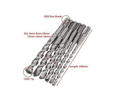 6PCS SDS-Plus Rotary Hammer Drill Bit Set Round Handle Two Slots Impact Drill Bits 6mm 8mm 10mm 12mm 14mm 16mm