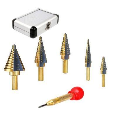 5 PCS Step Drill Bit Set with Automatic Center Punch&amp; Aluminum Case