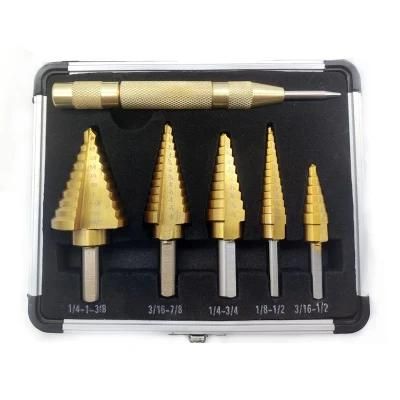 5PCS Titanium HSS Step Drill Bit Set with Automatic Center Punch with Aluminum Case