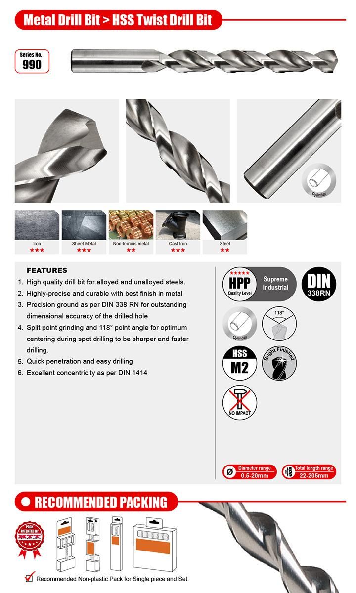 Supreme Quality HSS M2 Twist Drill Bit Parabolic Flute DIN338 Rn Cylindrical Shank for Metal Steel Stainless Steel Alloyed Unalloyed Non-Ferrous Metal Board She