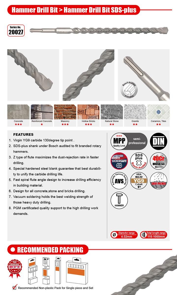 Pgm Premium Quality 2cutter Hammer Drill SDS Plus for Concrete Brick Stone Cement Drilling