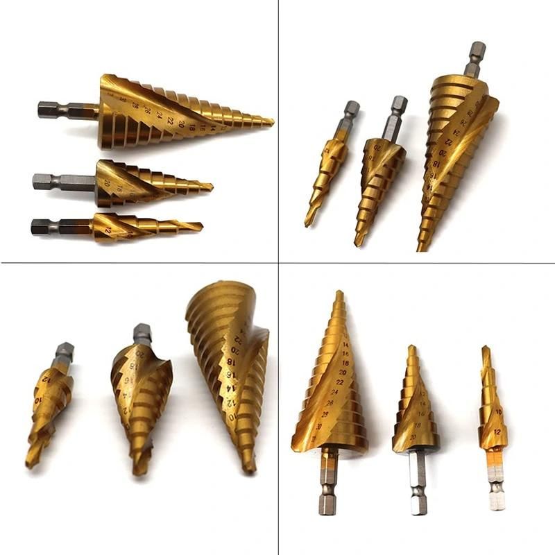 3 PCS Step Drill Bit Set 1/4 Inch HSS 4241 Hex Shank Metric Spiral Grooved 4-12mm 4-20mm 4-32mm Tin Coating