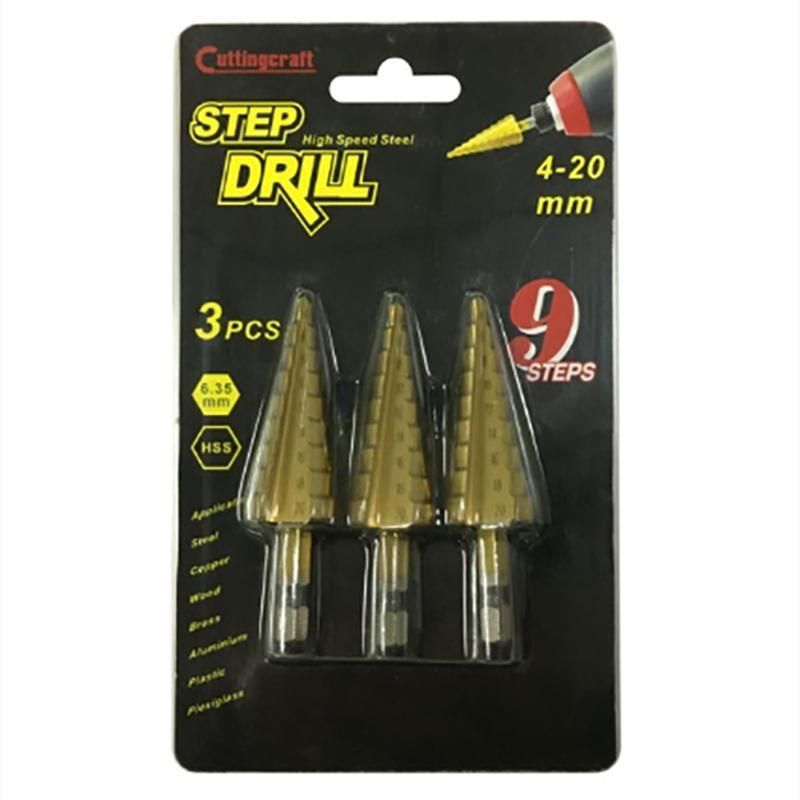 3PCS 4-20mm HSS Titanium Step Drill Bit Set with Hex Shank Straight Flute for Metal Cutting Tools