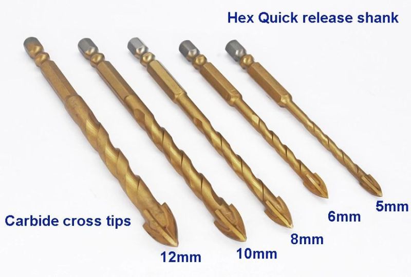 Cross Tungsten Carbide Tip Drill Bits with Hex Twist Shank for Glass Tile Porcelain Ceramic