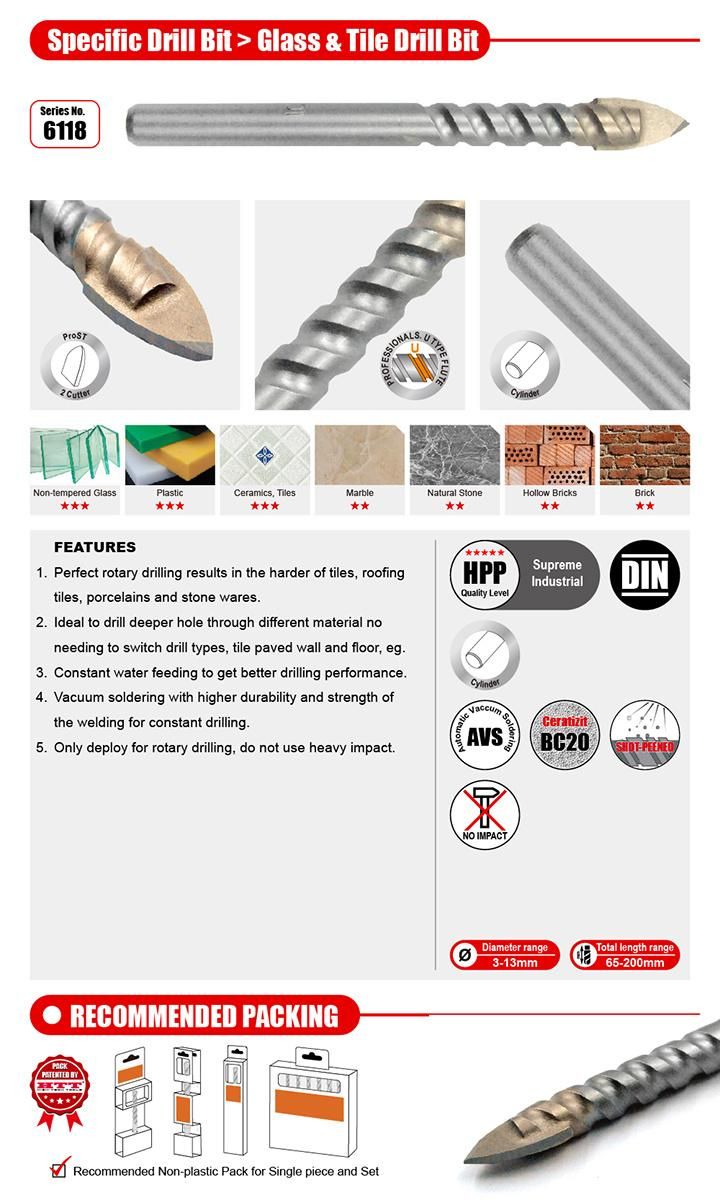 Tct Spear Sdd Glass&Tile Drill Bit Cylindrical Shank for Glass Tile Ceramic Porcelain Drilling