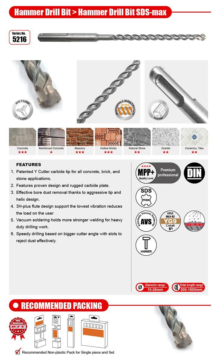 Y Cutter Hammer Drill SDS Max 3 Flutes for Concrete Stone Brick Drilling