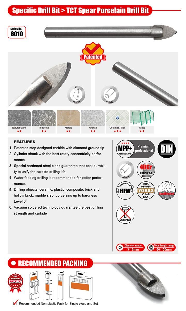 Supreme Quality Patented 2cutter Tct Spear Porcelain Drill Bit, Cylindrical Shank, for Ceramic, Tile, Porcelain Stoneware Drilling