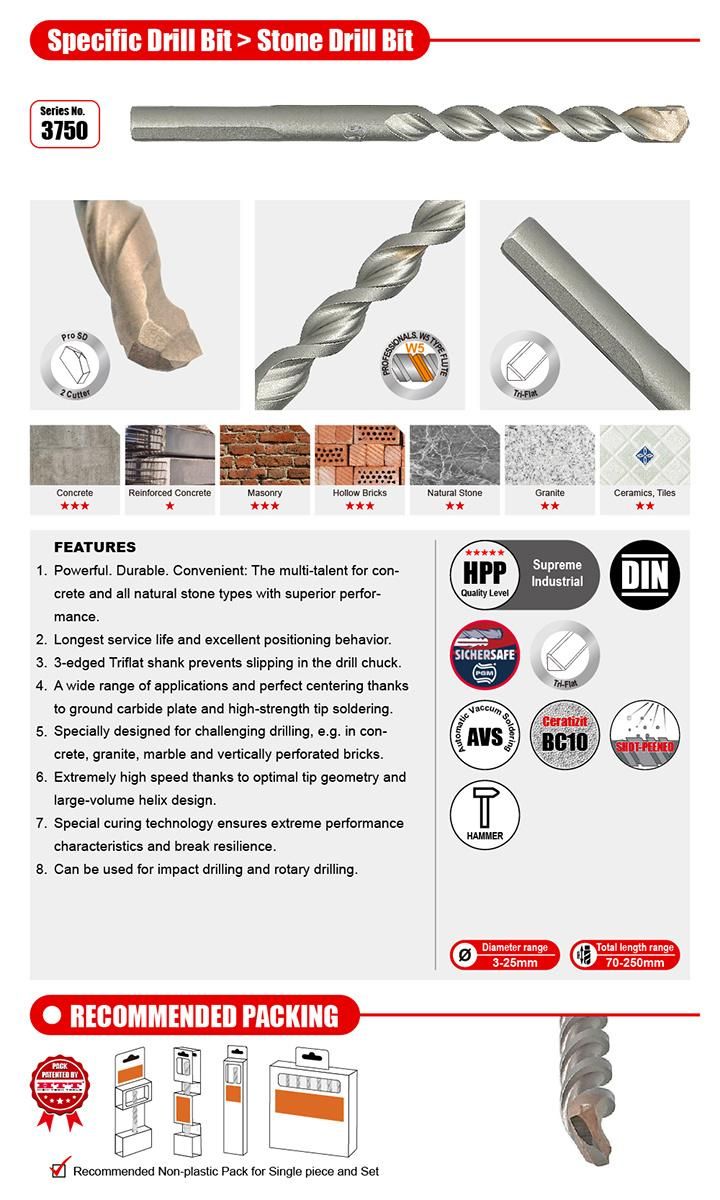 Pgm German Quality Tct Natural Stone Drill Bit Tri-Flat Shank for Various Stone Granite Marble Drilling