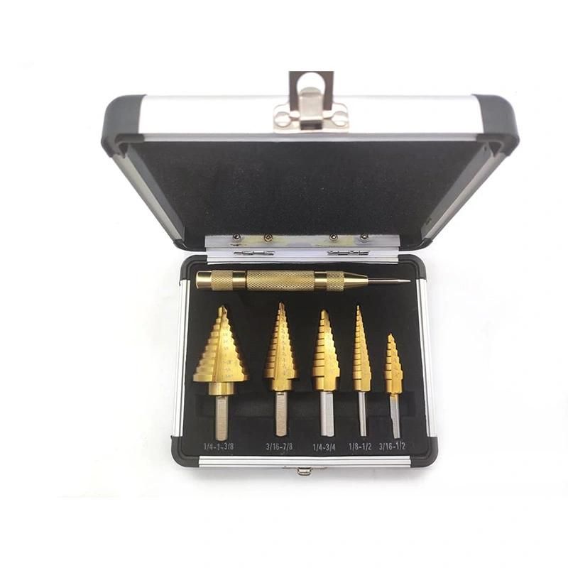 5PCS Titanium HSS Step Drill Bit Set with Automatic Center Punch with Aluminum Case