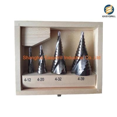 4PCS HSS Drills Set Metric Three Flats Shank Spiral Flute Bright Step Drill Bit Set for Sheet Metal Tube Drilling in Wooden Case (SED-SD4-SFB)