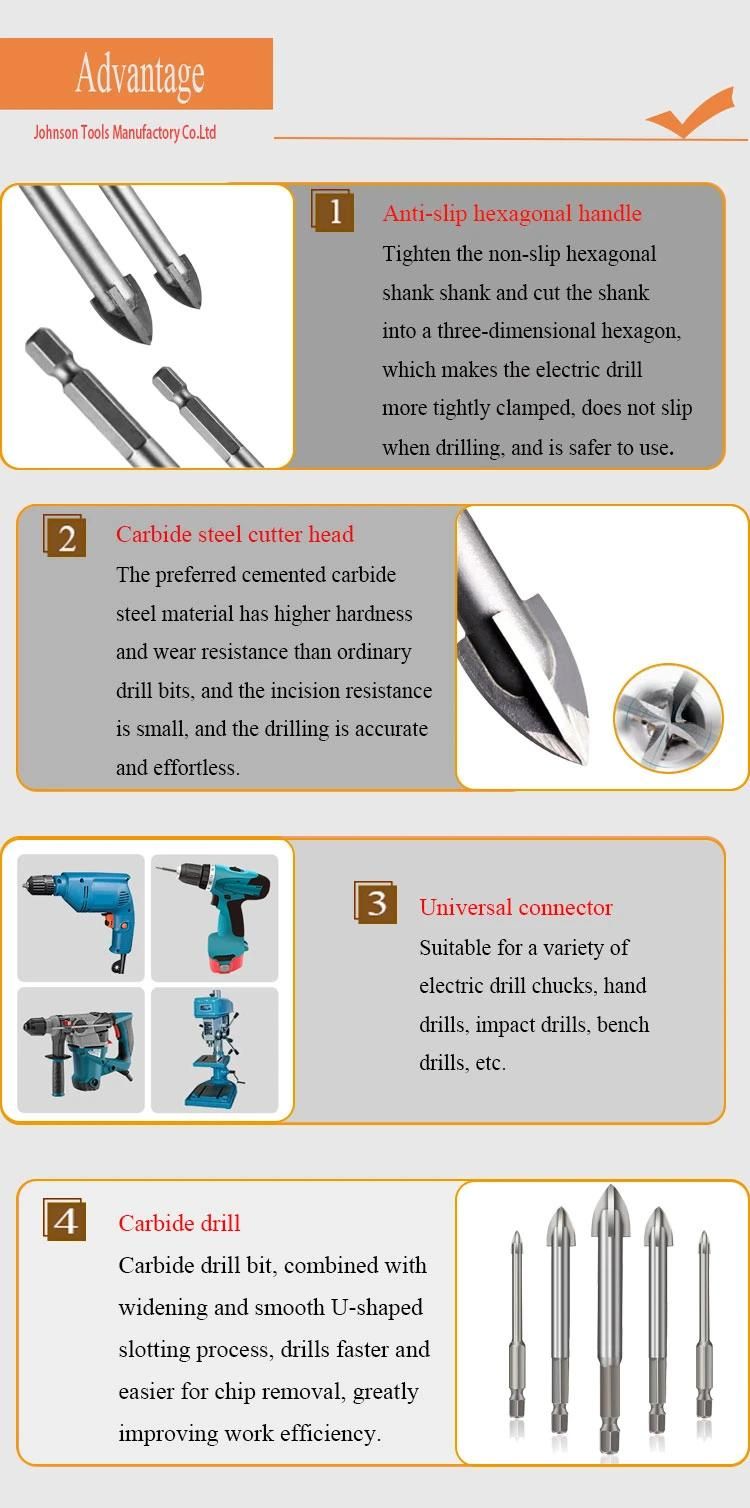 Quick Release Hex Shank Cross Tungsten Carbide Glass Drywall Drill Bit for Glass Metal