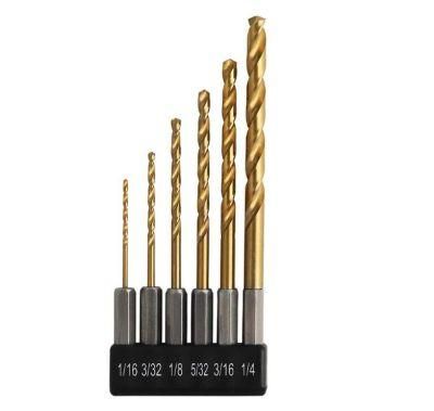 Drill Bit Set- Hex Shank 6 PCS Titanium HSS 4341, 1/16&quot;-1/4&quot;