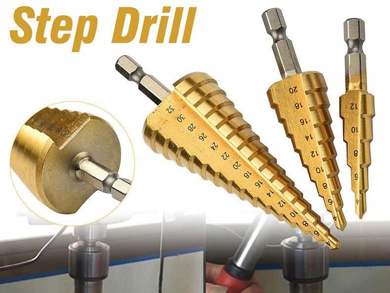 HSS Drills Set Metric Size Titanium Coating Double R Shank Spiral Flute HSS Step Drill Bit Set (SED-SD-SFT01)