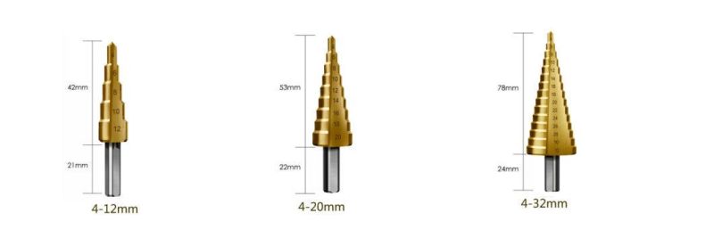 Industrial HSS Cobalt M42, M35, M2 Tin Coated Titanium Set Step Drill with Direct/Spiral Flute for Drilling Wood, Stainless Steel, Metal, Plastic