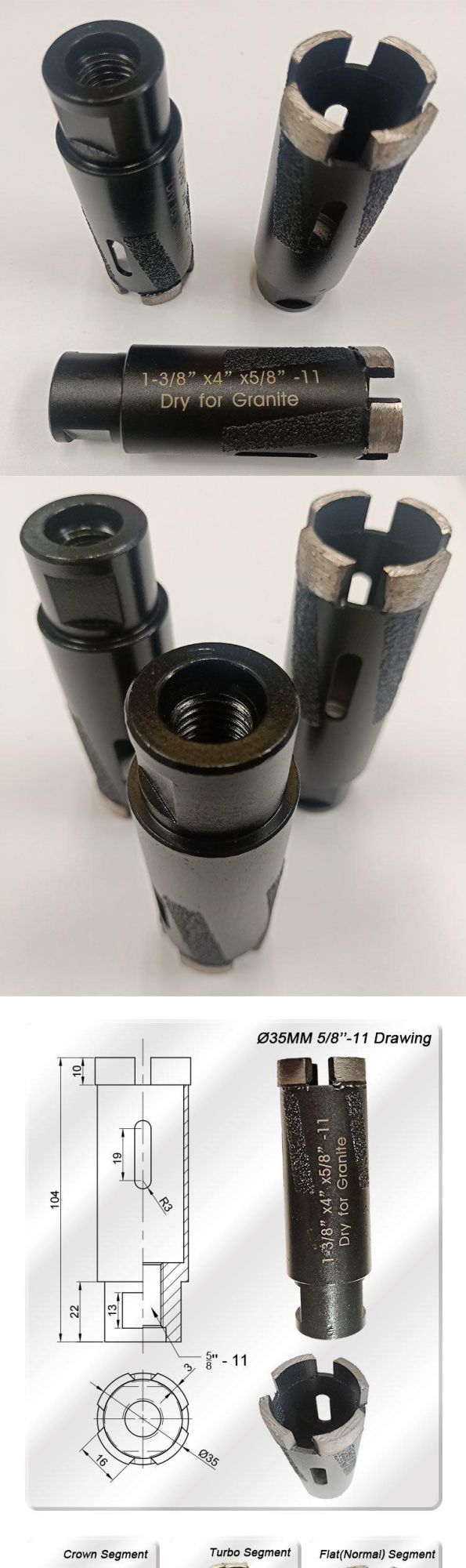 Hollow Core Dry Diamond Core Drill Bits for Hard Rock