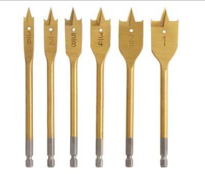 Spade Drill Bit Set- Paddle Flat Bits, Hole Cutter, Titanium Coating, Carbon Steel, Woodworking, 6-Pieces, 3/8&quot;-1&quot;