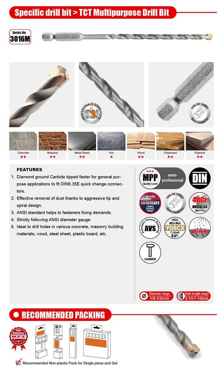 Premium Quality Tct All Purpose Drill Bit U Flute ANSI 1/4inch Quick Change Hex Hank for Various Materials, Concrete Brick Wood MDF Plywood Metal Sheet Drilling