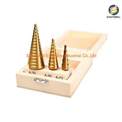 3PCS Metric Straight Flute Titanium HSS Step Drill Bit Set for Metal Tube Sheet Drilling in Wooden Case (SED-SD3-SFT)