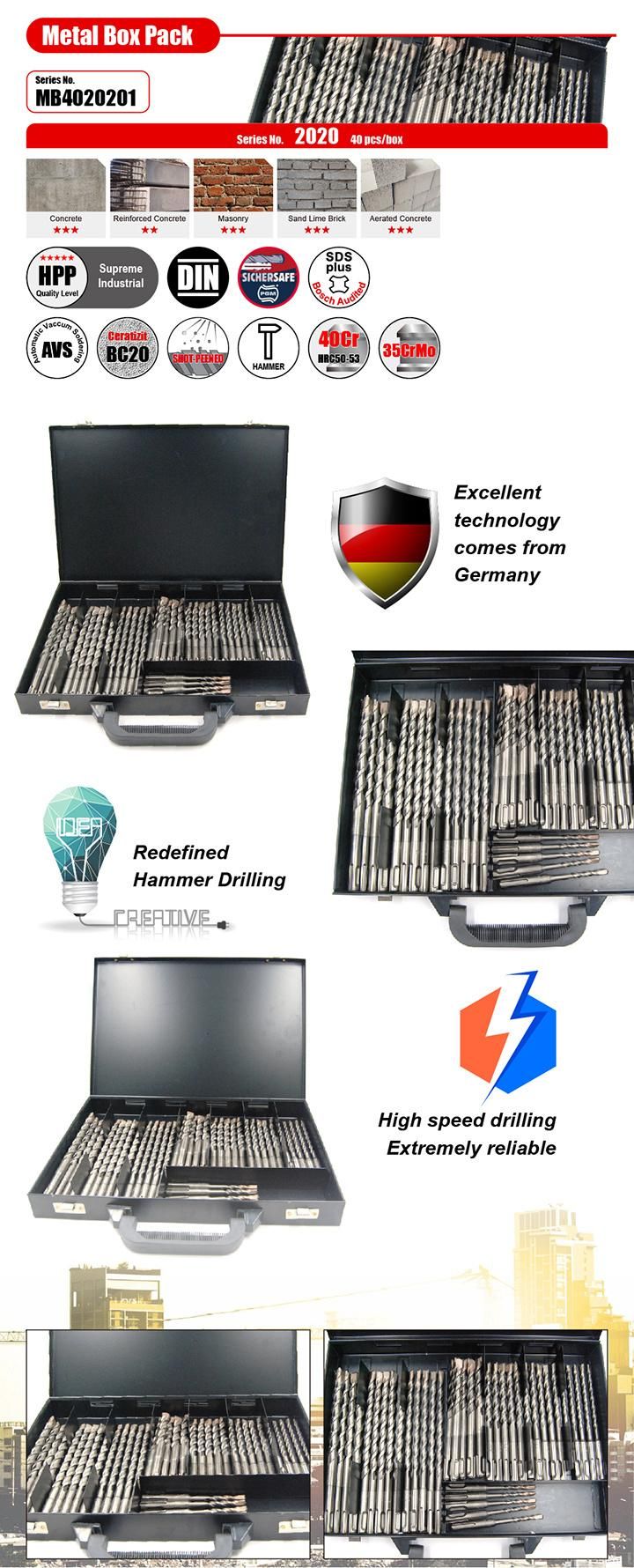 Pgm German Quality 40PCS 2cutter Hammer Drill Set SDS Plus in Metal Box for Concrete Brick Stone Cement Drilling